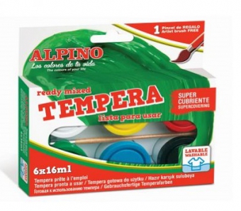 Tempera lavabila, 6 culori x 16ml/cutie + pensula gratis, Alpino