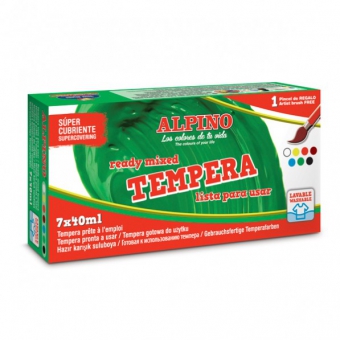 Tempera lavabila, 7 culori x 40ml/cutie + pensula gratis, Alpino