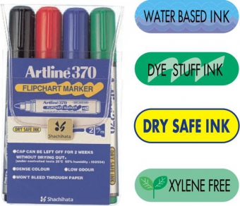 Flipchart marker ARTLINE 370 - Dry safe ink, corp plastic, varf rotund 2.0mm, 4 culori/set