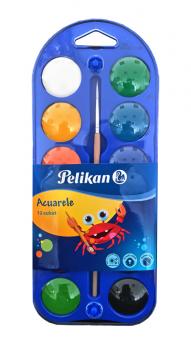 ACUARELE, 12 CULORI PASTILA + PENSULA, PELIKAN