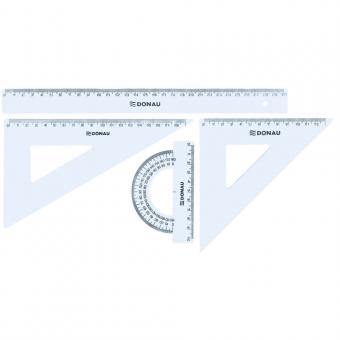 Set geometrie mare, contine: rigla 30cm, raportor, echer 13cm si echer 19cm, DONAU - transparent
