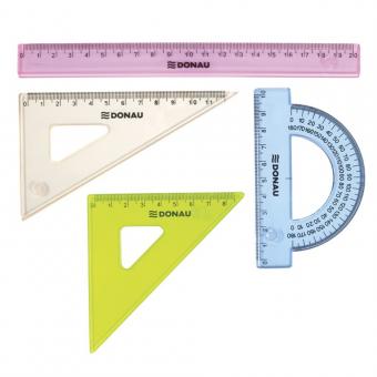 Set geometrie mic, contine: rigla 20cm, raportor, echer 10.5cm si echer 15cm, DONAU -culori asortate