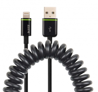 Cablu de date spiralat LEITZ Complete Lightning, port USB, 1 m - negru