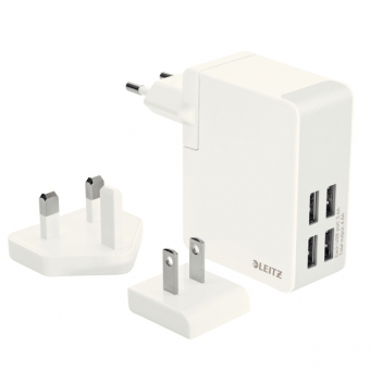 Incarcator LEITZ Complete Traveller USB, pentru perete, 24W, 4 porturi USB - alb