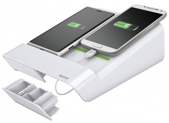 Duo-incarcator de birou LEITZ Complete, pentru 2 smartphone-uri sau o tableta PC - alb